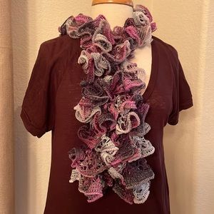 Crocheted Ruffled Scarf - plum, gray & purple